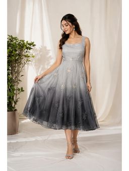 SILCHIC - Women Grey Ombre Embellished Midi Dress