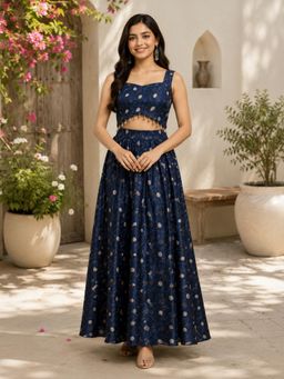 SILCHIC - Women Navy Blue Printed Fit and Flare Maxi Dress