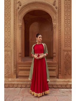 SILCHIC - Women Maroon Georgette Embellished Maxi Anarkali with Dupatta and Belt