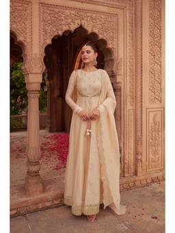 SILCHIC - Women Beige Chanderi Silk Maxi Anarkali with Dupatta