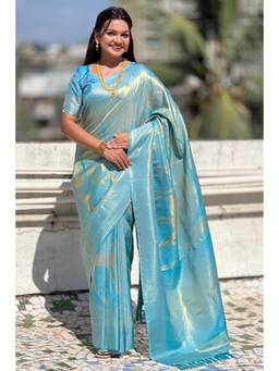 SGF11 - Sky-Blue Women's Kanjivaram Pure Soft Silk Saree with Unstitched Blouse
