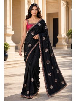 KAYOMMI - Women Black Embroidered Moda Silk Saree with Unstitched Blouse