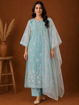 SILCHIC - Women Blue Floral Embroidered Kurta with Pant and Dupatta