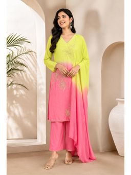 SILCHIC - Women Lime Green and Pink Ombre Embroidered Kurta with Palazzo and Dupatta