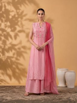SILCHIC - Women Pink Embroidered Sleeveless Kurta with Palazzo and Dupatta