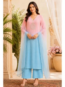 SILCHIC - Women Pink and Blue Ombre Embroidered Kurta with Palazzo and Dupatta