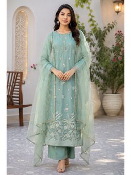 SILCHIC - Women Sea Green Embroidered Kurta with Palazzo and Organza Dupatta
