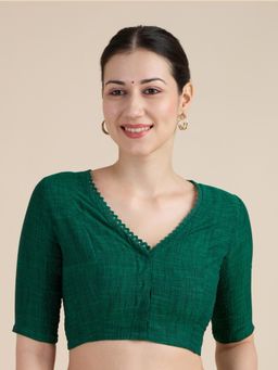 Studio Shringaar - Green Handloom Cotton Side Stretchable Saree Blouse