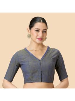 Studio Shringaar - Grey Handloom Cotton Side Stretchable Saree Blouse