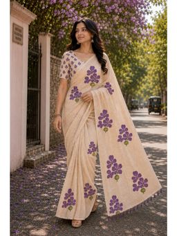 KAYOMMI - Women Cream Floral Printed Saree with Unstitched Blouse