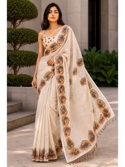 KAYOMMI - Women Off White Ethnic Motif Printed Saree with Unstitched Blouse