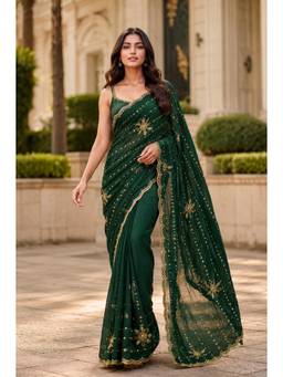 KAYOMMI - Women Dark Green Sequinned and Embroidered Saree with Unstitched Blouse