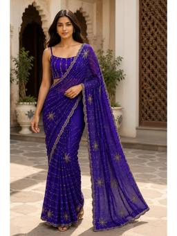 KAYOMMI - Women Royal Purple Sequinned and Embroidered Saree with Unstitched Blouse