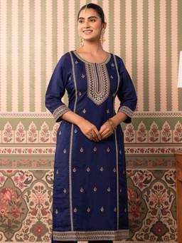 ARAMYA - Navy Blue Chanderi Straight Kurta