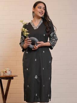 ARAMYA - Black Soft Cotton Straight Kurta