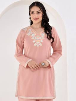 ARAMYA - Peach Slub Cotton Straight Kurta