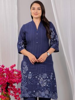 ARAMYA - Blue Soft Cotton A-Line Print Kurta