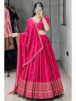 Kedar Fab - Pink Embroidered Semi-Stitched Lehenga and Unstitched Choli with Dupatta