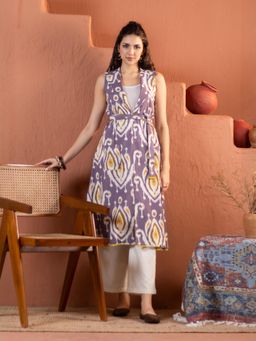 ZLAATA - Purple Ikat Cotton Long Jacket with Belt