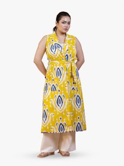 ZLAATA - Yellow Ikat Cotton Long Jacket with Belt