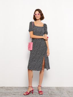 LC WAIKIKI - Black Casual Square Collar Patterned Viscose Womens Dress