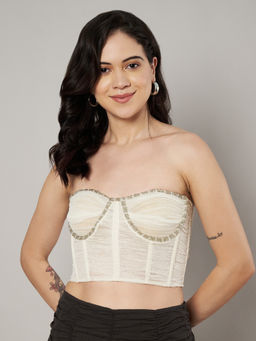 AMAGYAA - Women Cream Embellished Beads Work Mesh Top