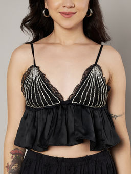 AMAGYAA - Black Satin Lace Detailing Crop Top