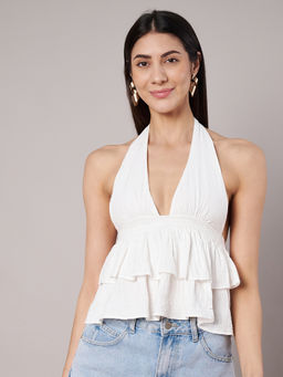 AMAGYAA - Women White Halter Neck Cotton Solid Top