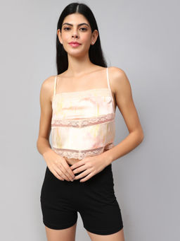 AMAGYAA - Women Peach Satin Lace Detail Crop Top