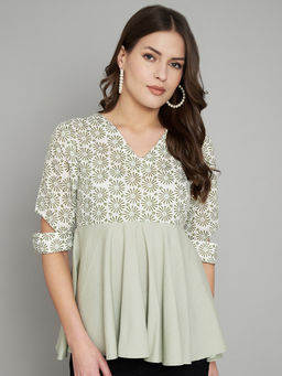 AMAGYAA - Women Green Cotton Printed Peplum Top