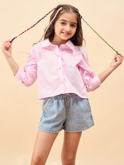 Stylo Bug - Girls Solid Shirt Collar Full Sleeves Waist Length Casual Wear Shirt Pink