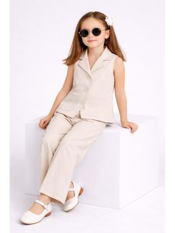 Stylo Bug - Off White Girls Solid Notched Lapel Sleeveless Co Ord Set