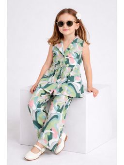Stylo Bug - Green Girls Flower Print Notched Lapel Sleeveless Co Ord Set