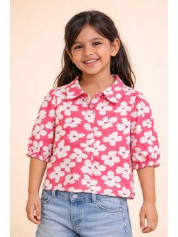 Stylo Bug - Red Girls Flower Print Shirt Collar Three Fourth Sleeves Shirt