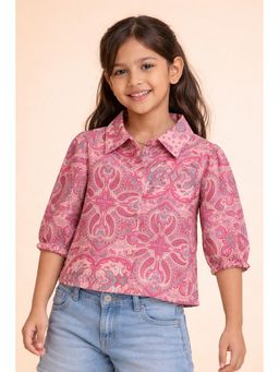 Stylo Bug - Pink Girls Flower Print Shirt Collar Three Fourth Sleeves Shirt