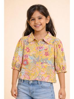 Stylo Bug - Yellow Girls Flower Print Shirt Collar Three Fourth Sleeves Shirt
