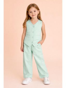 Stylo Bug - Green Girls Solid V-Neck Sleeveless Co Ord Set