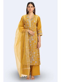 Cotton Culture - Dark Mustard Roman Silk Embroidered Kurta Set With Dupatta