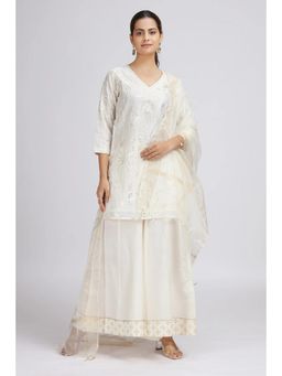 Cotton Culture - Off White Chanderi Embroidered Kurti with Palazzo and Dupatta