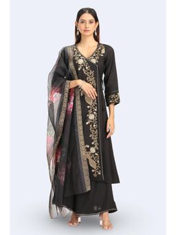 Cotton Culture - Black Roman Silk Embroidered Kurta and Dupatta Set