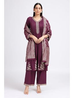 Cotton Culture - Purple Roman Silk Embroidered A Line Kurta Set With Dupatta