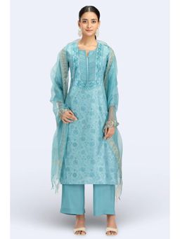 Cotton Culture - Sky Blue Chanderi Embroidered Kurta Set With Dupatta