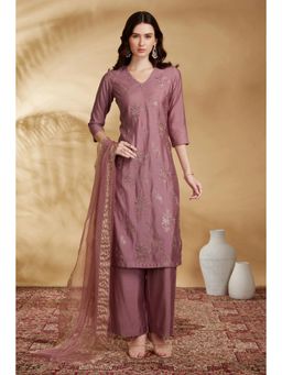 Cotton Culture - Light Purple Roman Silk Embroidered Straight Kurta Set With Dupatta