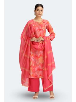 Cotton Culture - Peach Chinon Floral Printed Straight Kurta Set With Dupatta