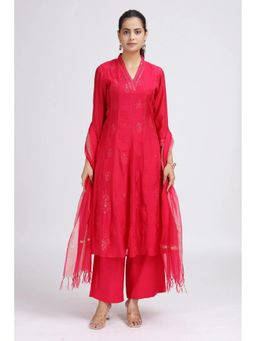 Cotton Culture - Pink PolySilk Embroidered A Line Kurta Set With Dupatta