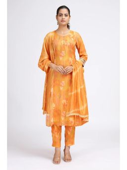 Cotton Culture - Orange Chinon Embroidered Straight Kurta Set With Dupatta