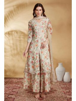 Cotton Culture - Cream Chinon Embroidered A Line Palazzo Set With Dupatta
