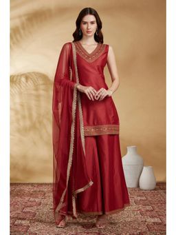 Cotton Culture - Rust PolySilk Embroidered Straight Kurta With Palazzo and Dupatta
