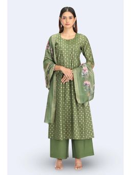 Cotton Culture - Green Roman Silk Embroidered A Line Kurta Set With Dupatta