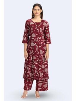 Cotton Culture - Maroon Rayon Floral Printed Straight Kurta and Trousers
